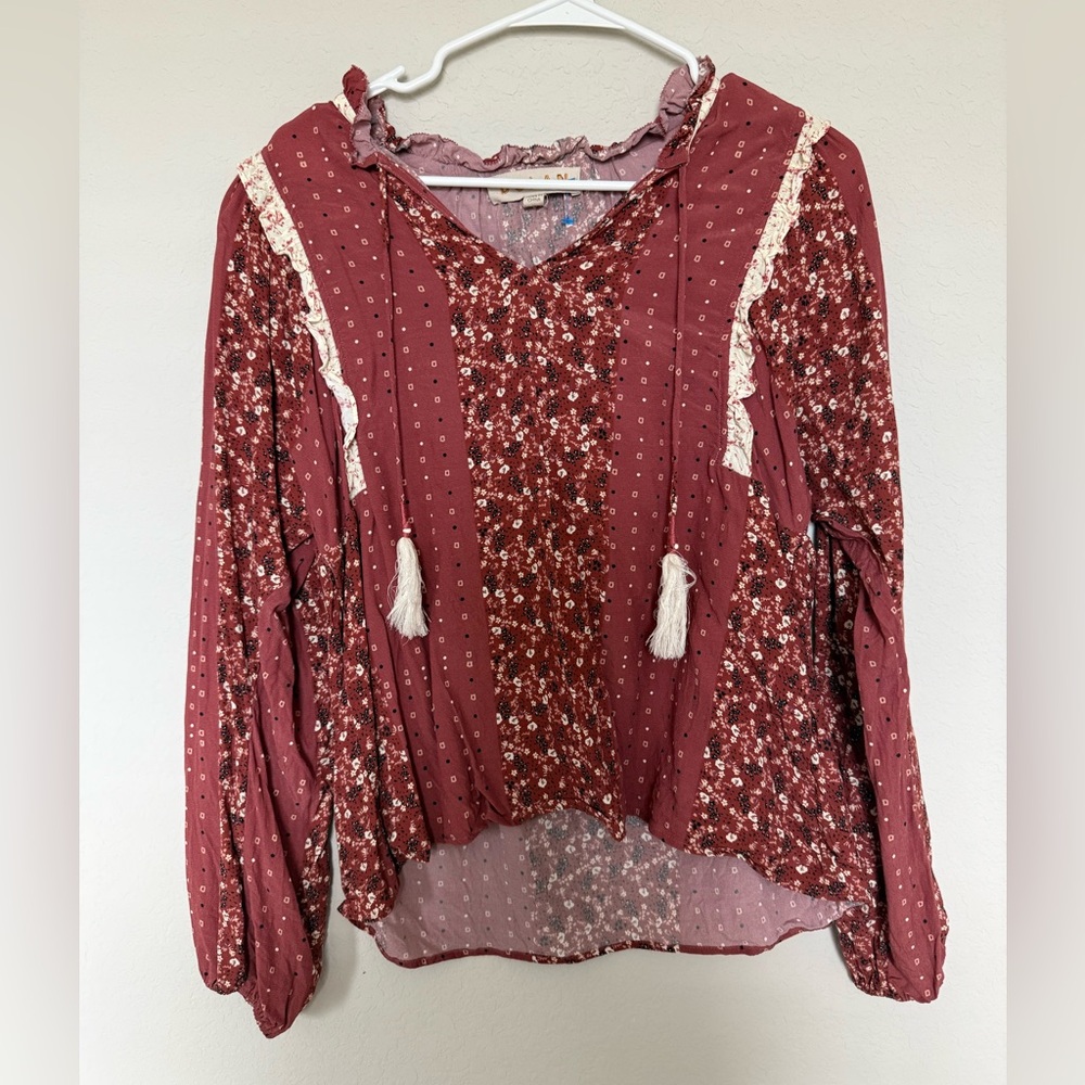Dolan Burgundy Floral Blouse with Tassels